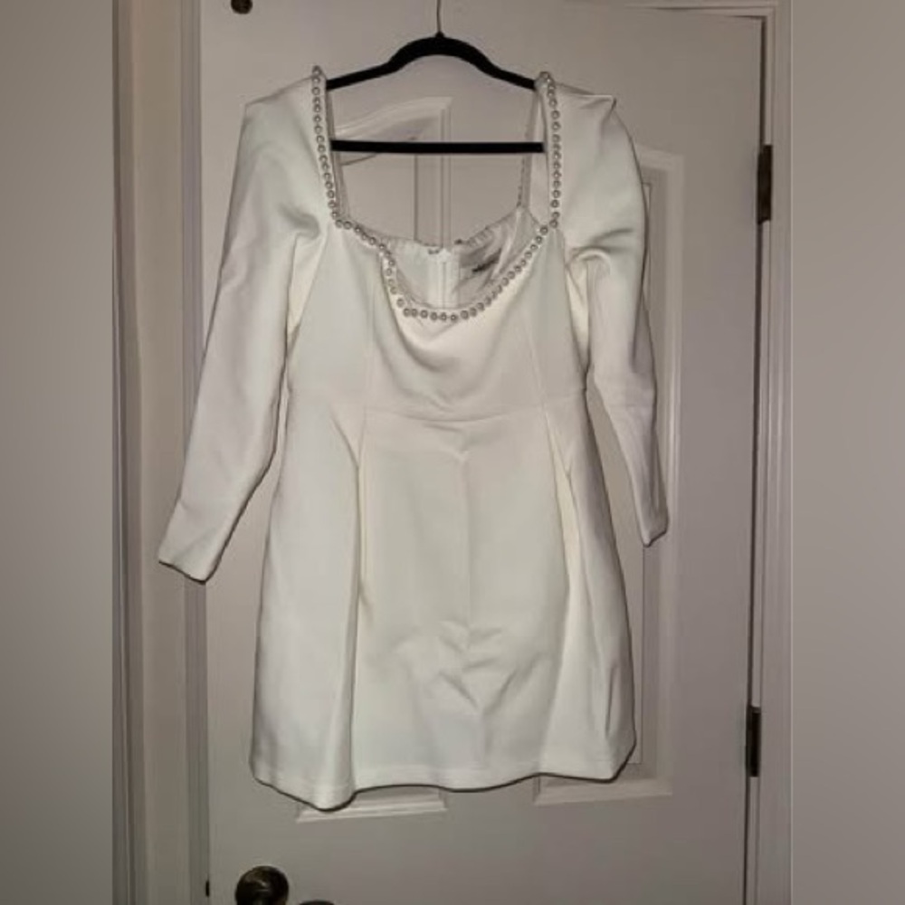 Chic White Long Sleeve Dress with Pearl Accents